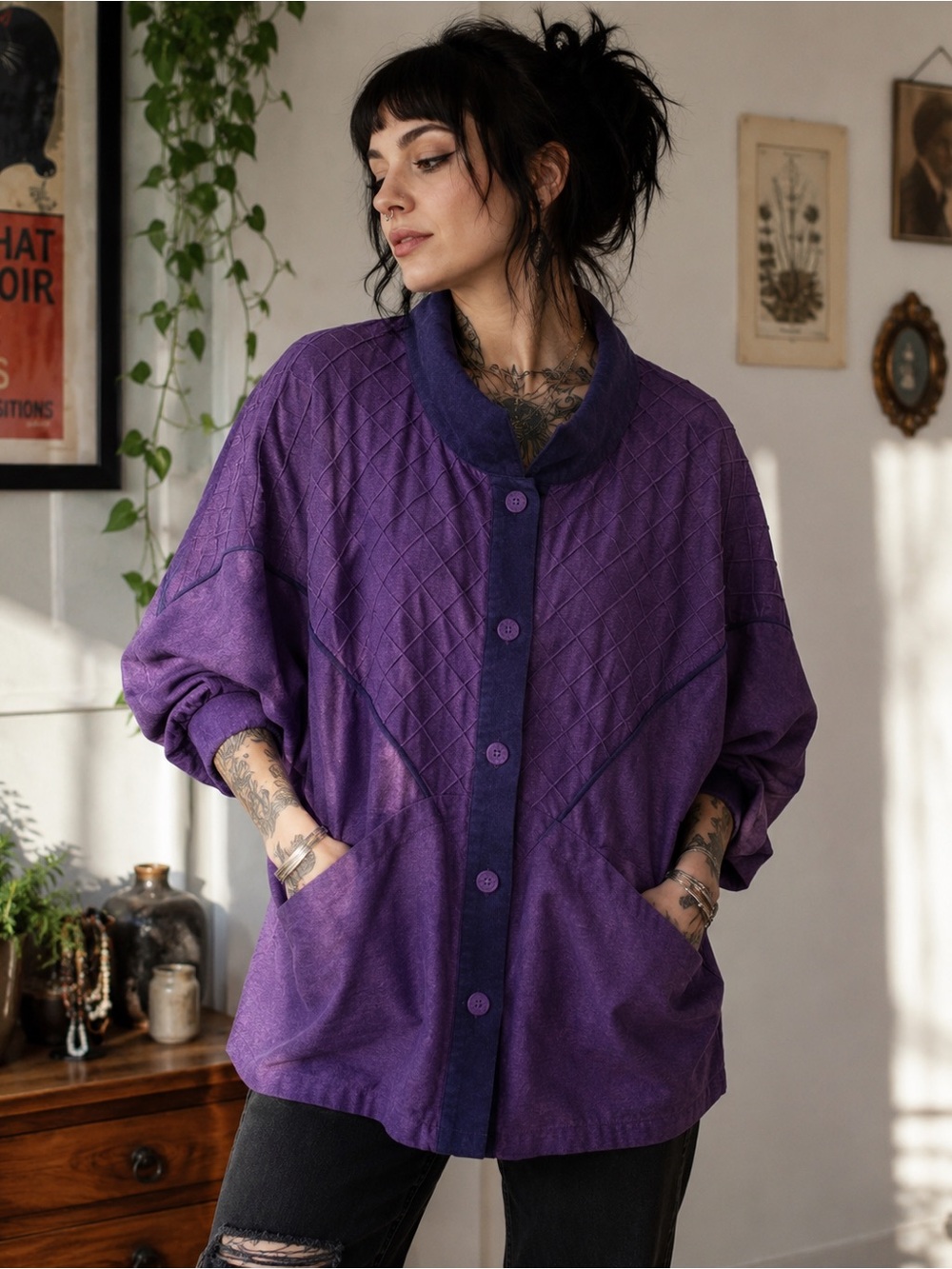 Purple Quilted Button-Up Jacket